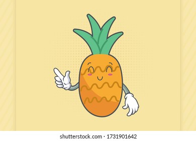 SMILING, HAPPY, RELIEVED Face Emotion. forefinger pointed at Hand Gesture. Pineapple Fruit Cartoon Drawn Mascot Illustration.