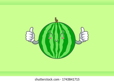 SMILING, HAPPY, RELIEVED Face Emotion. Double Thumb Up Hand Gesture. Watermelon Fruit Cartoon Drawing Mascot Illustration.