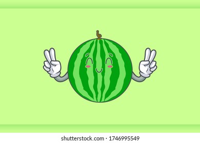SMILING, HAPPY, RELIEVED Face Emotion. Double Peace Hand Gesture. Watermelon Fruit Cartoon Drawing Mascot Illustration.