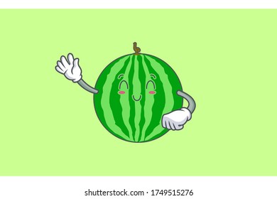 SONRIENDO, FELIZ, ALIVIADA Emoción facial. Gesto de mano ondulante. Dibujo de dibujos de mascotas con dibujos animados con frutas de sandía.