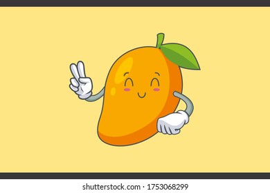 SMILING, HAPPY, RELIEVED Face Emotion. Peace Hand Gesture. Yellow Mango Fruit Cartoon Drawing Mascot Illustration.