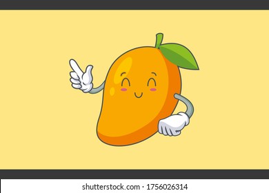 SONRIENDO, FELIZ, ALIVIADA Emoción facial. Gesto de la mano del dedo índice. Caricatura De La Fruta De Mango Amarilla Dibujando Ilustración De Mascota.