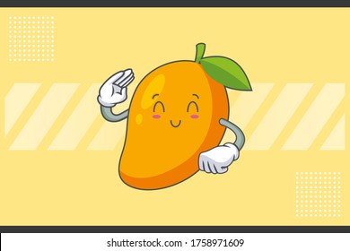 GLÄNZENDE, GLÜCKLICHE, RELEVANTE Gesichtsbewegung. Salute Hand Gesture. Yellow Mango Fruit Cartoon Zeichnen Maskottabilustration.