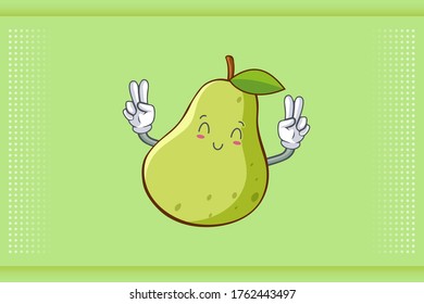 SMILING, HAPPY, RELIEVED Face Emotion. Double Peace Hand Gesture. Green Pear Fruit Cartoon Drawing Mascot Illustration.