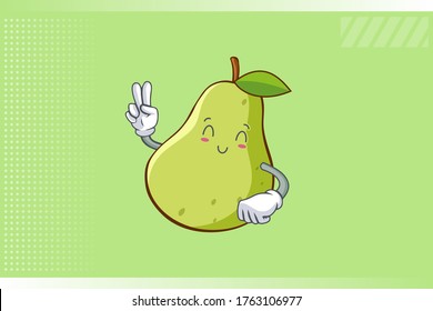 SMILING, HAPPY, RELIEVED Face Emotion. Peace Hand Gesture. Green Pear Fruit Cartoon Drawing Mascot Illustration.