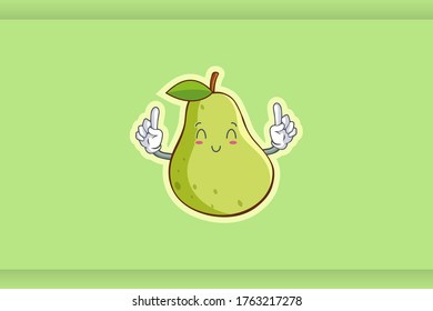 SMILING, HAPPY, RELIEVED Face Emotion. Double Forefinger Hand Gesture. Green Pear Fruit Cartoon Drawing Mascot Illustration.
