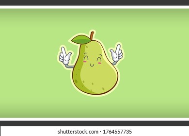 SMILING, HAPPY, RELIEVED Face Emotion. Double Forefinger Handgun Gesture. Green Pear Fruit Cartoon Drawing Mascot Illustration.