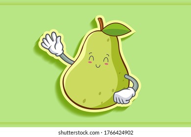 SMILING, HAPPY, RELIEVED Face Emotion. Waving Hand Gesture. Green Pear Fruit Cartoon Drawing Mascot Illustration.