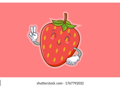 SONRIENDO, FELIZ, ALIVIADA Emoción facial. Gesto de la mano de la paz. Caricatura De Fruta De Fresa Roja Dibujando Ilustración De Mascota.
