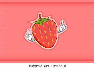 SMILING, HAPPY, RELIEVED Face Emotion. Double Forefinger Hand Gesture. Red Strawberry Fruit Cartoon Drawing Mascot Illustration.
