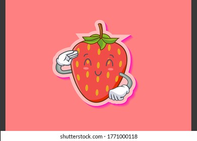SMILING, HAPPY, RELIEVED Face Emotion. Salute Hand Gesture. Red Strawberry Fruit Cartoon Drawing Mascot Illustration.