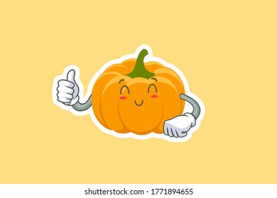 SONRIENDO, FELIZ, ALIVIADA Emoción facial. Gesto De Mano Arriba. Ilustración de la mascota de dibujos animados de la piel de calabaza amarilla y naranja.