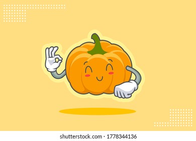 SONRIENDO, FELIZ, ALIVIADA Emoción facial. Buen Gesto De Mano. Ilustración de la mascota de dibujos animados de la piel de calabaza amarilla y naranja.