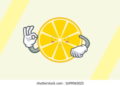 SMILING, HAPPY, RELIEVED Face . Ok, Okey, Okay, Nice, Alright Gesture. Mascot Illustration Slice Lemon Fruit