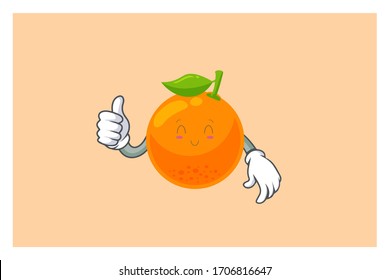 SMILING, HAPPY, RELIEVED Face. Thumb Up, Agreement Gesture. Mascot Vector Illustration. Orange Citrus Fruit Cartoon.