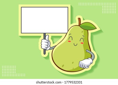 SMILING, HAPPY, RELIEVED, SMILE Face Emotion. Holding Whiteboard Hand Gesture. Green Pear Fruit Cartoon Drawing Mascot Illustration.
