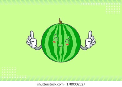 SMILING, HAPPY, RELIEVED, SMILE Face Emotion. Double Forefinger Hand Gesture. Watermelon Fruit Cartoon Drawing Mascot Illustration.