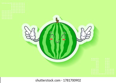 SMILING, HAPPY, RELIEVED, SMILE Face Emotion. Double Forefinger Handgun Gesture. Watermelon Fruit Cartoon Drawing Mascot Illustration.