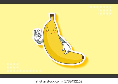 SMILING, HAPPY, RELIEVED, SMILE Face Emotion. Nice Hand Gesture. Banana Fruit Cartoon Drawing Mascot Illustration.