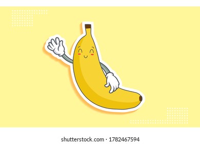 SMILING, HAPPY, RELIEVED, SMILE Face Emotion. Waving Hand Gesture. Banana Fruit Cartoon Drawing Mascot Illustration.