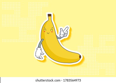 SONRIENDO, FELIZ, ALIVIADO, SONRIENDO Emoción facial. Gesto de la pistola de dedo índice. Caricatura de fruta bananera dibujando una ilustración de mascota.