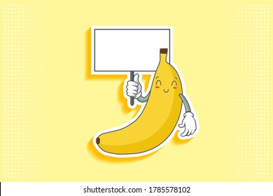 SONRIENDO, FELIZ, ALIVIADO, SONRIENDO Emoción facial. Manteniendo el Gesto de la pistola de la pizarra. Caricatura de fruta bananera dibujando una ilustración de mascota.