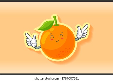 SMILING, HAPPY, RELIEVED, SMILE Face Emotion. Double Forefinger Handgun Gesture. Orange, Citrus Fruit Cartoon Drawing Mascot Illustration.