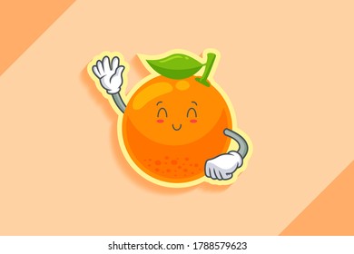 SMILING, HAPPY, RELIEVED, SMILE Face Emotion. Waving Hand Gesture. Orange, Citrus Fruit Cartoon Drawing Mascot Illustration.