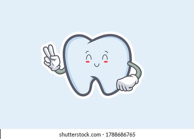 SMILING, HAPPY, RELIEVED, SMILE Face Emotion. Peace Hand Gesture. Tooth Cartoon Drawing Mascot Illustration.