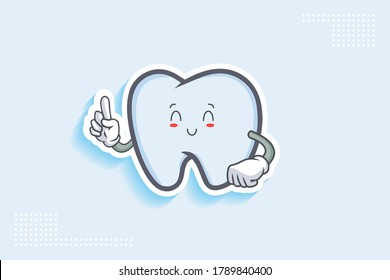 SMILING, HAPPY, RELIEVED, SMILE Face Emotion. Forefinger Hand Gesture. Tooth Cartoon Drawing Mascot Illustration.