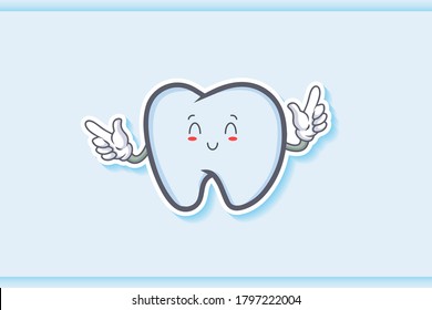 SMILING, HAPPY, RELIEVED, SMILE Face Emotion. Double Forefinger Handgun Gesture. Tooth Cartoon Drawing Mascot Illustration.