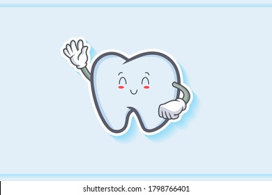SONRIENDO, FELIZ, ALIVIADO, SONRIENDO Emoción facial. Gesto de mano ondulante. Ilustración de la mascota de dibujos animados dental.