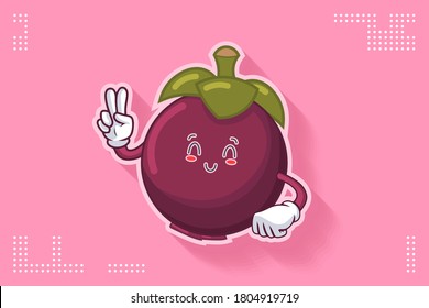 SMILING, HAPPY, RELIEVED, SMILE Face Emotion. Peace Hand Gesture. Mangosteen Fruit Cartoon Drawing Mascot Illustration.