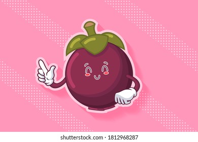 SMILING, HAPPY, RELIEVED, SMILE Face Emotion. Forefinger Handgun Gesture. Mangosteen Fruit Cartoon Drawing Mascot Illustration.