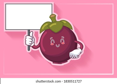 SMILING, HAPPY, RELIEVED, SMILE Face Emotion. Holding Whiteboard Gesture. Mangosteen Fruit Cartoon Drawing Mascot Illustration.