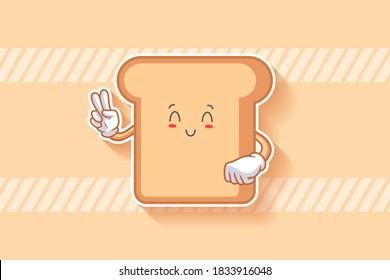 SMILING, HAPPY, RELIEVED, SMILE Face Emotion. Peace hand Gesture. Bread Food Cartoon Drawing Mascot Illustration.