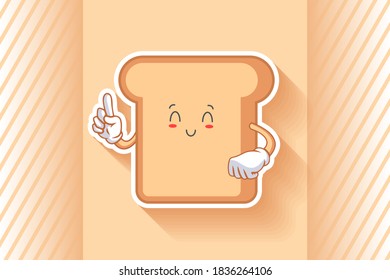 SONRIENDO, FELIZ, ALIVIADO, SONRIENDO Emoción facial. Gesto de índice. Caricatura de la Comida del Pan Dibujando Ilustración Mascota.