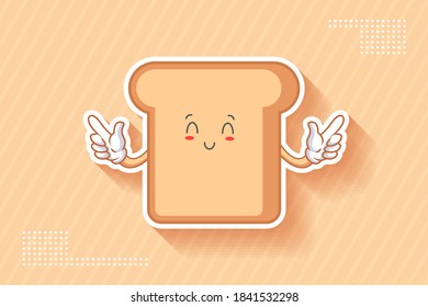 GLÜCK, GLÜCKLICH, ZUFRIEDEN, KLEINE Gesichtsbewegung. Double Forefinger Handgun Gesture. Brot Food Cartoon Zeichnen Maskottabbild.