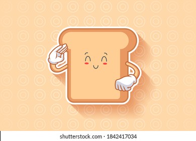 SMILING, HAPPY, RELIEVED, SMILE Face Emotion. Salute, Respect Hand Gesture. Bread Food Cartoon Drawing Mascot Illustration.