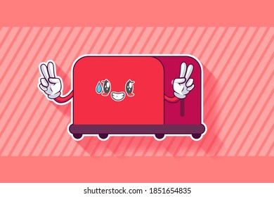 SMILING, HAPPY, RELIEVED, SMILE Face Emotion. Double Peace Finger Hand Gesture. Toaster Cartoon Drawing Mascot Illustration.