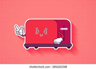 SMILING, HAPPY, RELIEVED, SMILE Face Emotion. Forefinger Handgun Gesture. Toaster Cartoon Drawing Mascot Illustration.
