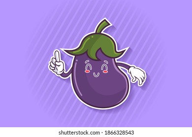 SMILING, HAPPY, RELIEVED, SMILE Face Emotion. Forefinger Hand Gesture. Eggplant vegetable Cartoon Drawing Mascot Illustration.