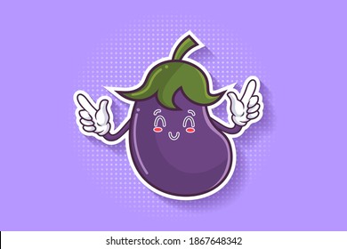 SONRIENDO, FELIZ, ALIVIADO, SONRIENDO Emoción facial. Gesto del dedo de la pistola. Ilustración de la mascota de dibujo de verduras de berenjena.
