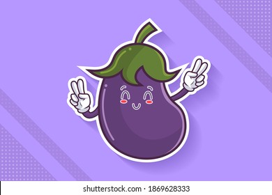SMILING, HAPPY, RELIEVED, SMILE Face Emotion. Double Peace Finger Hand Gesture. Eggplant vegetable Cartoon Drawing Mascot Illustration.