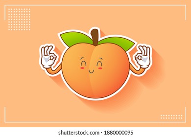 SMILING, HAPPY, RELIEVED, SMILE Face Emotion. Double Nice Hand Gesture. Peach Fruit Cartoon Drawing Mascot Illustration.