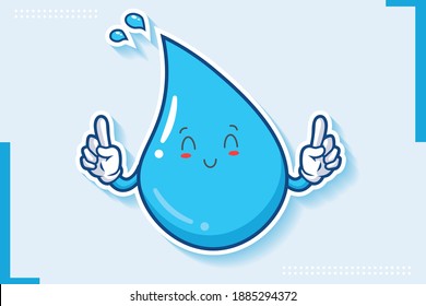 SMILING, HAPPY, RELIEVED, SMILE Face Emotion. Double Forefinger Hand Gesture. Water Drop Cartoon Drawing Mascot Illustration.