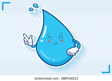 SMILING, HAPPY, RELIEVED, SMILE Face Emotion. Forefinger Handgun Gesture. Water Drop Cartoon Drawing Mascot Illustration.