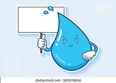 SMILING, HAPPY, RELIEVED, SMILE Face Emotion. Holding Whiteboard Gesture. Water Drop Cartoon Drawing Mascot Illustration.