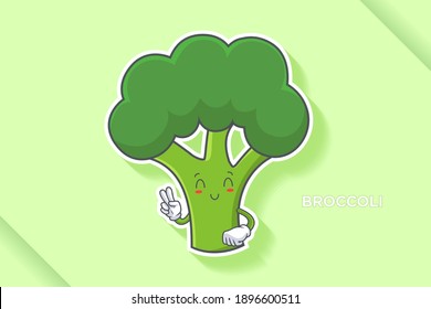SMILING, HAPPY, RELIEVED, SMILE Face Emotion. Peace Finger Hand Gesture. Broccoli Vegetable Cartoon Drawing Mascot Illustration.