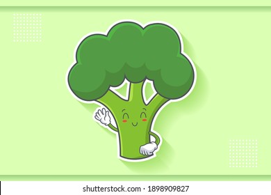 SMILING, HAPPY, RELIEVED, SMILE Face Emotion. Waving Hand Gesture. Broccoli Vegetable Cartoon Drawing Mascot Illustration.